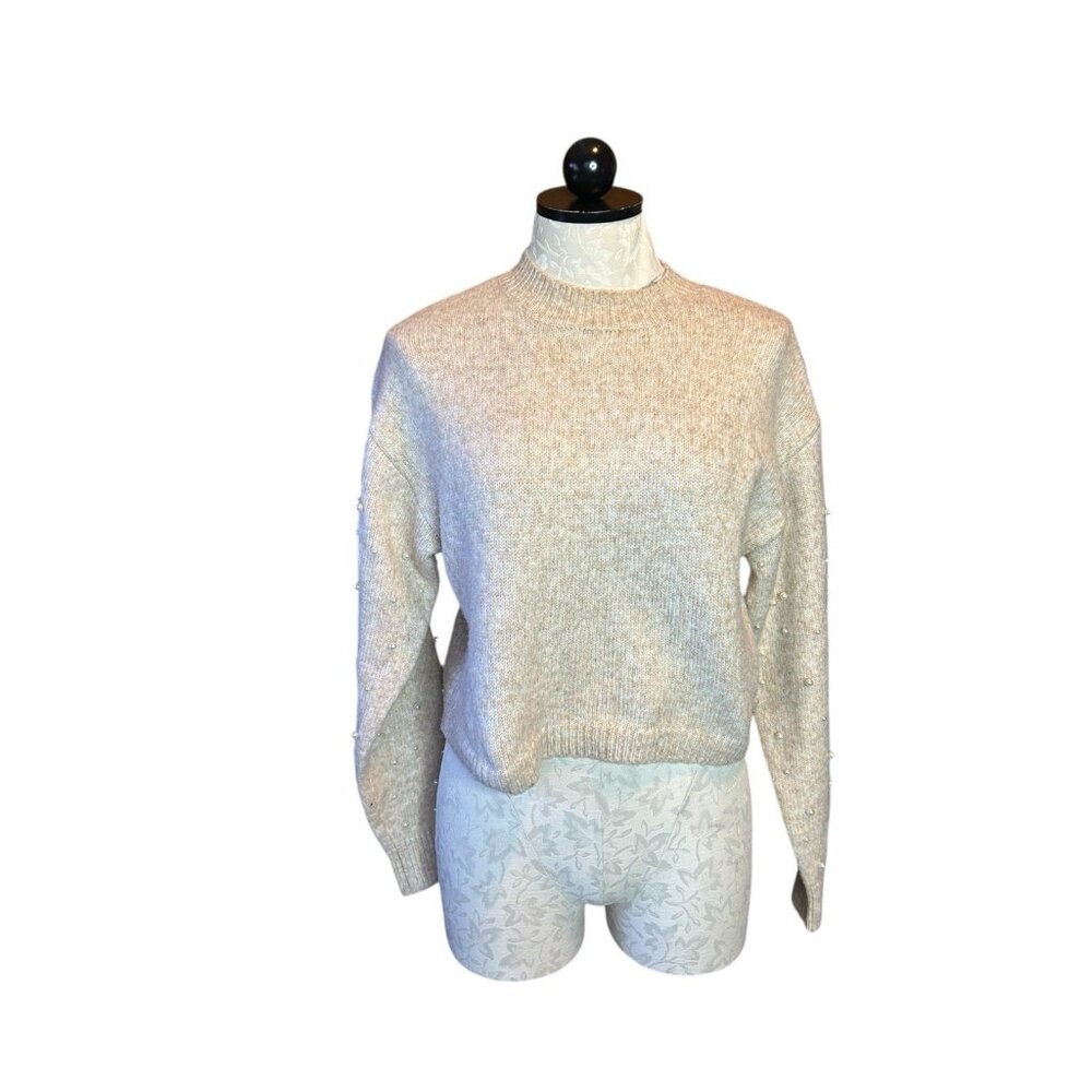 Cupcakes Cashmere Sweater M Beige Cropped Pearl Mock Neck Wool Oatmeal Cozy